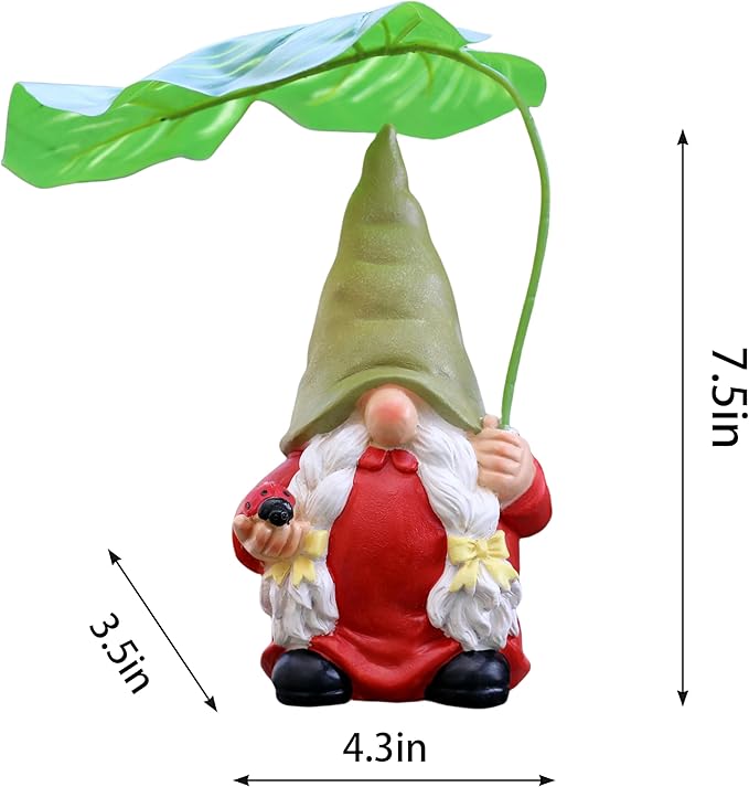 Garden Female Gnome Statue Decoration with Leaf Umbrella, 7.5” Figurine Ornament for Indoor Outdoor Home Patio Yard Lawn, for Gnome Lovers & Garden Enthusiasts,Mom,Women