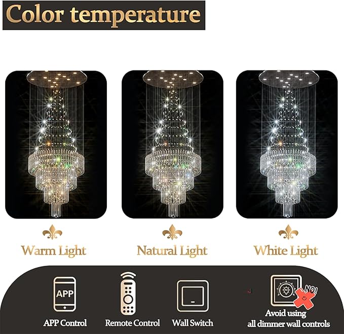 Flashing God 40''X90 Large Crystal Chandelier for High Ceiling Modern Crystal Raindrop Chandeliers Lighting Round Ceiling Light Entryway Staircase Foyer Villa LED Dimmable 2700-6000K