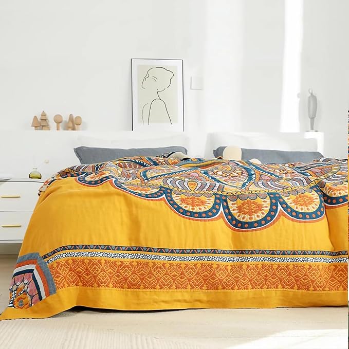 Snycler Boho 100% Cotton Throw Blanket, Decorative Muslin Boho Throw Blanket, Soft Cozy Colorful Bohemian Floral Reversible Blanket with Tassels for Chair Couch Bed Sofa Room Decor, 60x80 Inch