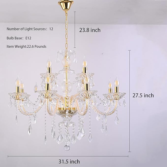 Contemporary Crystal Chandelier 12 Lights Clear Crystal Ceiling Lights for Living Room,E12 Base Double Layered Pendant Light Fixture for Dining Room Staircase, Hallway