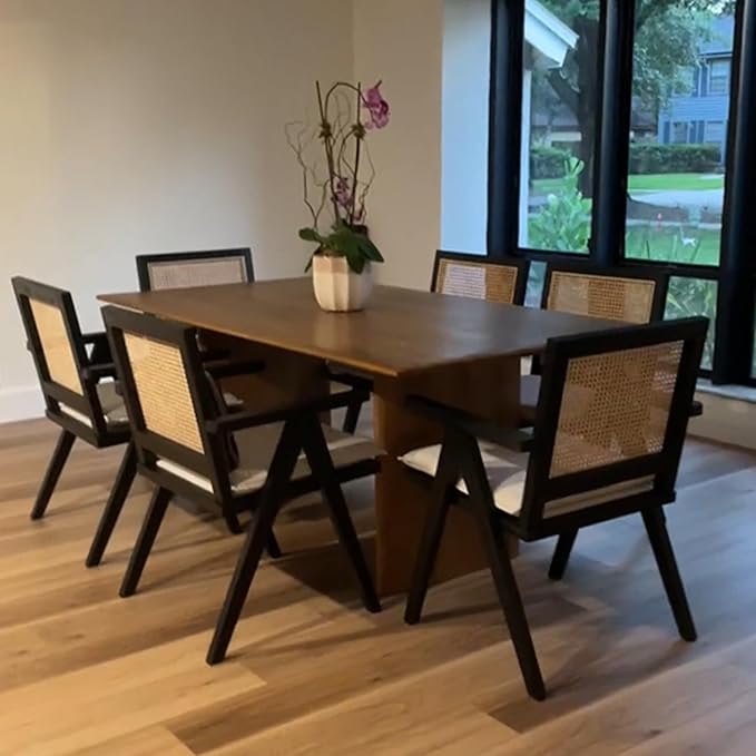 Rattan Dining Chairs Set of 6, Farmhouse Wicker Dining Chairs with Cane Seat Accent Armchair for Dining Room Kitchen Restaurant, Walnut