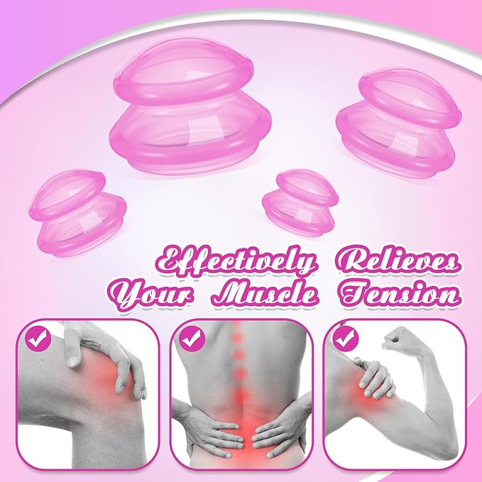 Nuanchu 8 Pcs 4 Sizes Cupping Therapy Set with Satin Bag Silicone Massage Cups Professional Cupping Therapy Vacuum Cup for Cellulite Joint Pain Muscle Pain(Clear Hot Pink)
