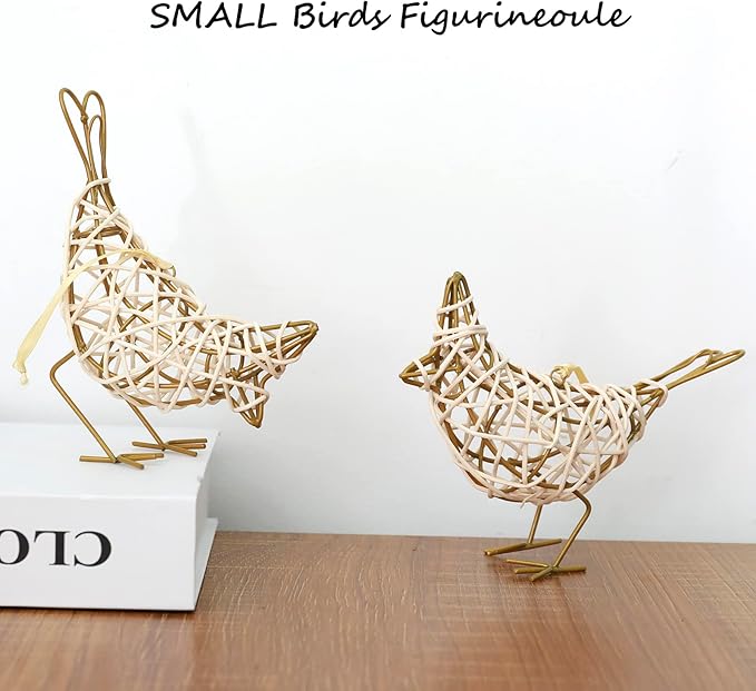 White Woven Bird Duo - Metal & Rattan Tabletop Sculptures, Modern Boho Decor with Detachable Memo Clips and Christmas Ornament (6x5.5x2.3in)
