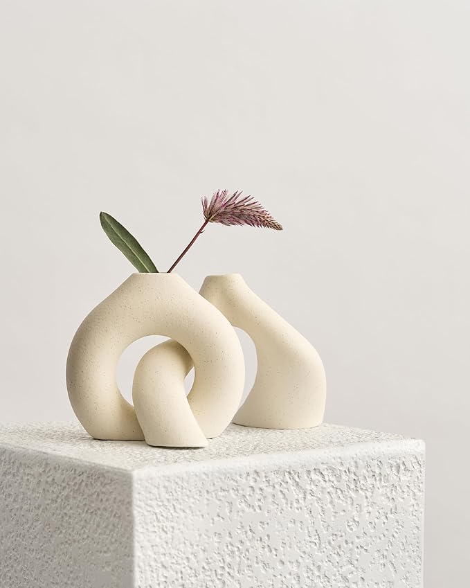 NOBULA White Ceramic Donut Vases โ Modern Home Decor for Living Room, Bedroom & Table Centerpiece - Minimalist Nordic โ Unique Vases for Olive Plant & Flowers โ Decorative Coffee Table Vase Set of 2