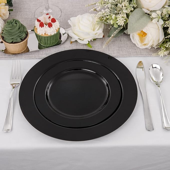 FLOWERCAT 60PCS Black Plastic Plates - Heavy Duty Black Disposable Plates for 30 guests Halloween Party/Wedding/New Year - Include 30PCS 10.25inch Dinner Plates and 30PCS 7.5inch Dessert Plates