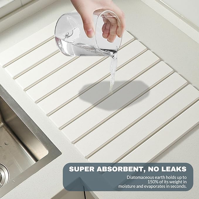 Large Stone Dish Drying Mats for Kitchen Counter, Quick Dry Absorbent Collapsible Dish Drying Mat,Diatomaceous Earth Mats for Dishes Bottles Cups,Match Any Countertop,White 24 * 16inch