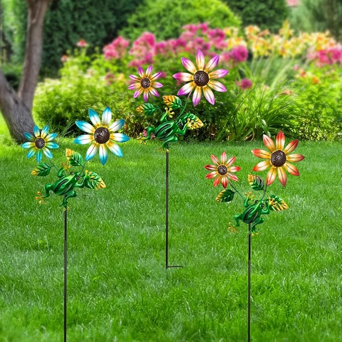3 Pack Frog&Flowers Garden Stakes Decor,Metal Yard Art Decorative Garden Stakes,Metal Flowers Spring Outdoor Decor for Mom,Women,Grandma