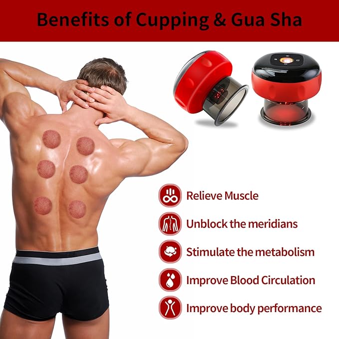 Smart Cupping Massage Therapy Set 2 Pcs, Electric Therapy Massager Kit, Therapy Device, Gua Sha Massage Tool for Pain Relief, Neck Shoulder Back Muscle Soreness (Red)