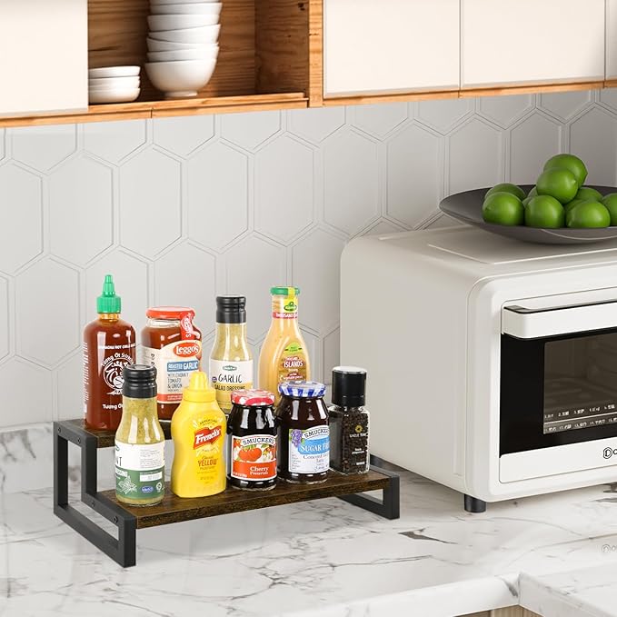 YINMIT Tiered Display Stand Riser Shelf, Wooden Spice Rack Organizer for Countertop, 2 Tier Kitchen Counter Shelf