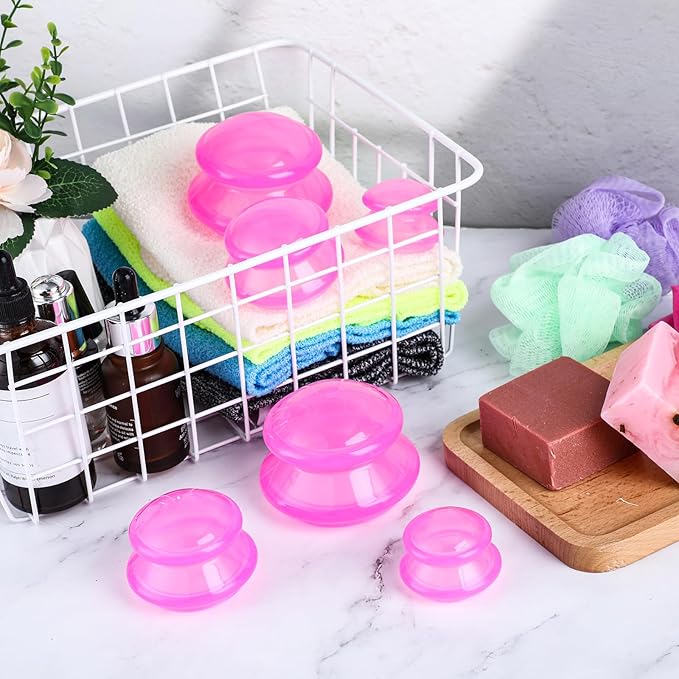 TrelaCo 6 Pcs Cupping Kit for Massage Therapy 3 Sizes Silicone Cupping Set Chinese Massage Therapy for Studio Household Cellulite Joint Pain Muscle Pain(Clear Hot Pink)