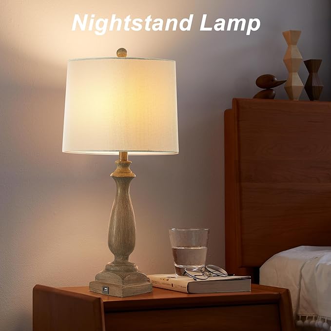ππ-ππππ Rustic Table Lamp Set of 2 for Living Room, Vintage Farmhouse Bedside Lamp with USB Charging Port, 3 Way Dimmable Resin Nightstand Lamps with White Shade for Bedroom, End Table