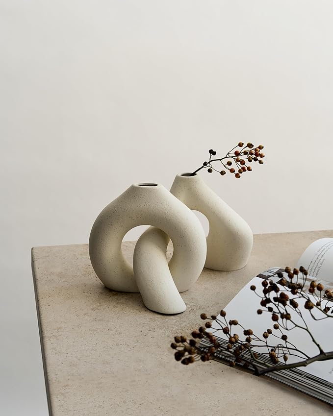 NOBULA White Ceramic Donut Vases โ Modern Home Decor for Living Room, Bedroom & Table Centerpiece - Minimalist Nordic โ Unique Vases for Olive Plant & Flowers โ Decorative Coffee Table Vase Set of 2