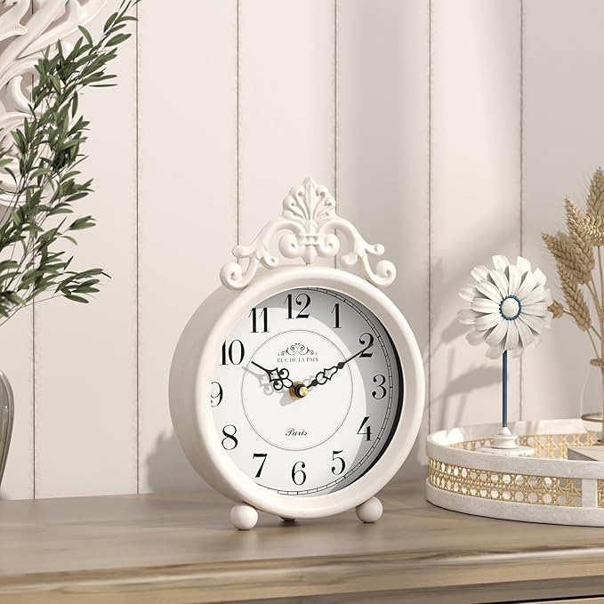 Vintage White Table Clock, Desk and Shelf Mantel Clock, French Rustic Antique Style Decor Clocks, for Farmhouse, Bedroom, Living Room, Bedside, Gift (9" H x 6.3" W)