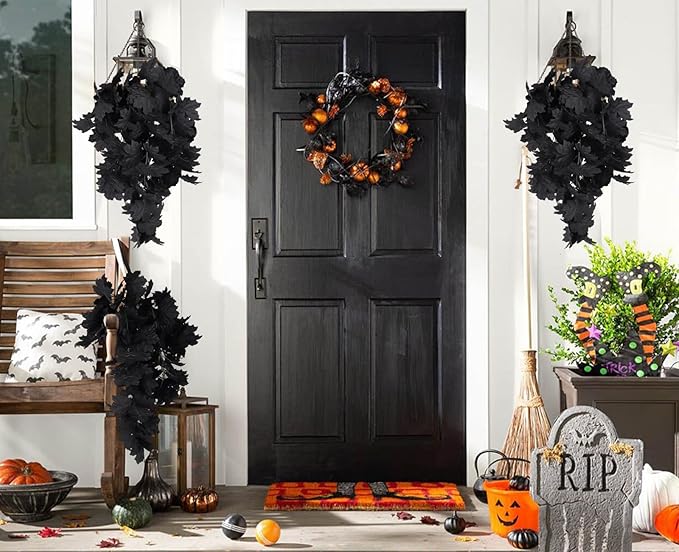 RECUTMS Black Maple Leaf Artificial Hanging Plants Fake Plants Faux Fall Leaves Halloween Faux Plants Autumn Leaves Artificial Wall Hanging Indoor Outdoor Halloween Decoration(Black)