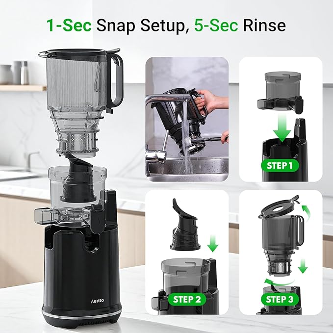 Juicer Machines,Aeitto Cold Press Juicer with 5.3“ Extra Large Feed Chute for Whole Fruits & Vegetables, Juice Extractor Machine, Self Feeding, Easy to Clean, High Juice Yield, Black