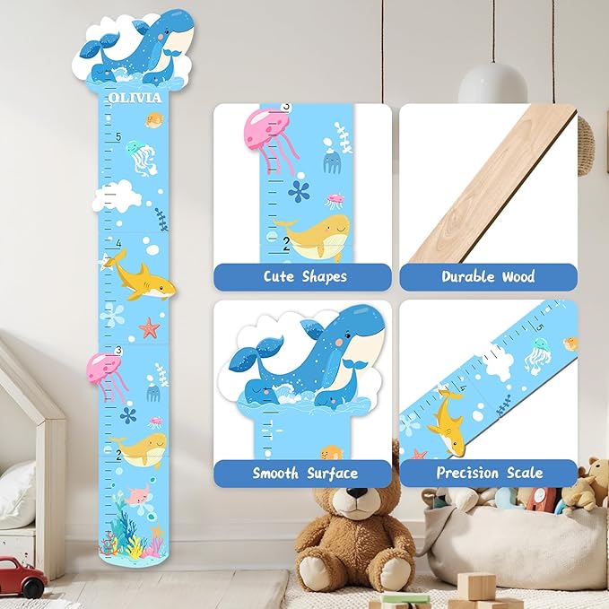 Personalized Name Growth Chart, Marine Animals Wooden Growth Chart for Kids, Height Chart for Boys Girls, Measuring Board for Kids Height for Child's Room, Nursery Decor Decoration