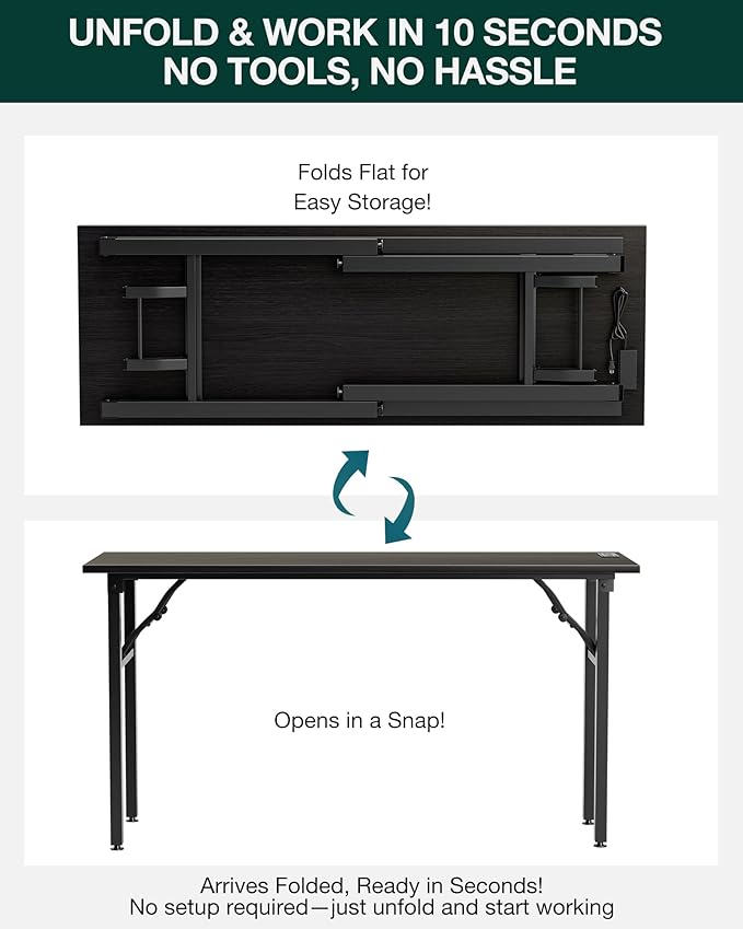 Frylr Small Folding Computer Desk β 55.1 Inch Portable Table for Craft and Study, Lightweight Desk for Small Spaces, Foldable Laptop Table Built-in AC/USB Outlets for Convenience, Charcoal Wenge