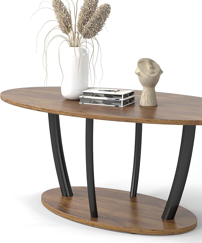 Manora Small Oval Coffee Table with Storage, Farmhouse Industrial Center Table for Living Room, Vintage Tea Table for Small Spaces, Rustic Brown