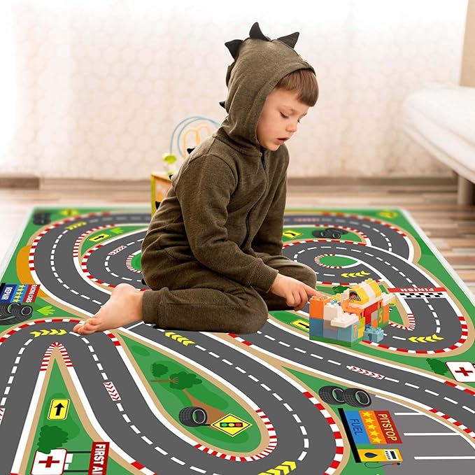 Kids Rug Play Mat Playroom Rugs Car Rugs for Kids Toy Cars Race Track for Classroom Rug(Race-Green, 6.6x9.9ft)
