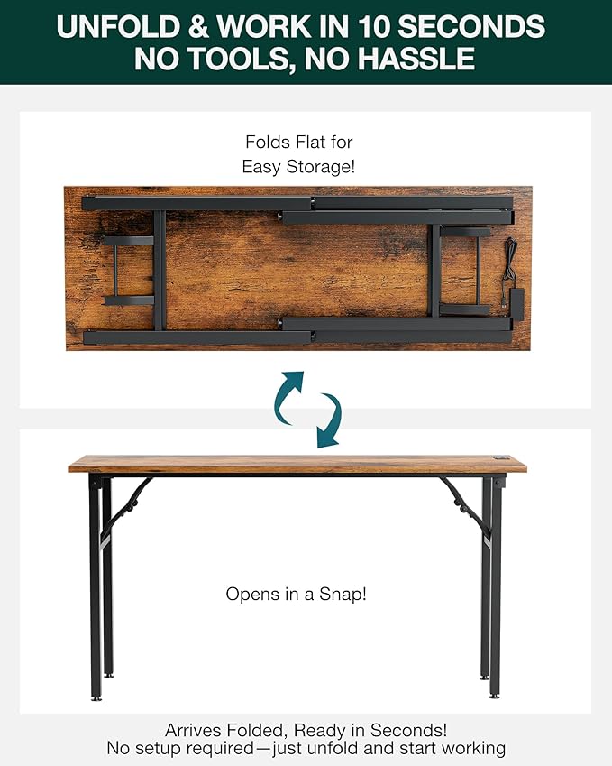 Frylr Small Folding Computer Desk β 55.1 Inch Portable Table for Craft and Study, Lightweight Desk for Small Spaces, Foldable Laptop Table Built-in AC/USB Outlets for Convenience, Rustic Brown