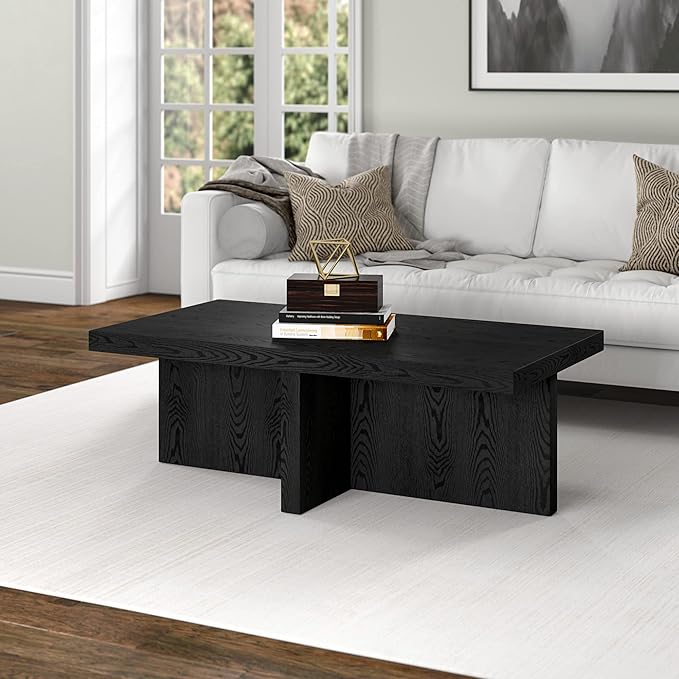 Henn&Hart 44" Rectangular Wood Pedestal Low-Profile Coffee Table for Living Room, Family Room, or Office, Black Grain