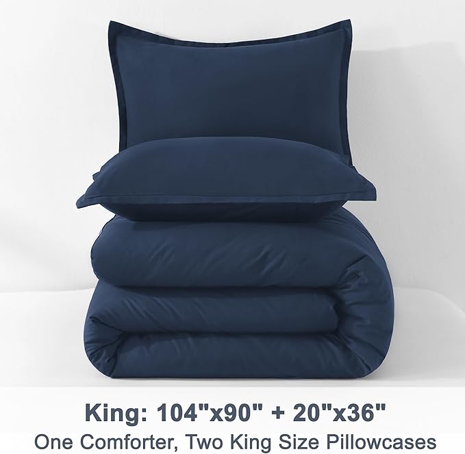 Litanika Navy Blue Comforter King Size, 3 Pieces Lightweight Solid Bedding Comforter Set, All Season Fluffy Bed Set (104x90In Comforter & 2 Pillowcases)