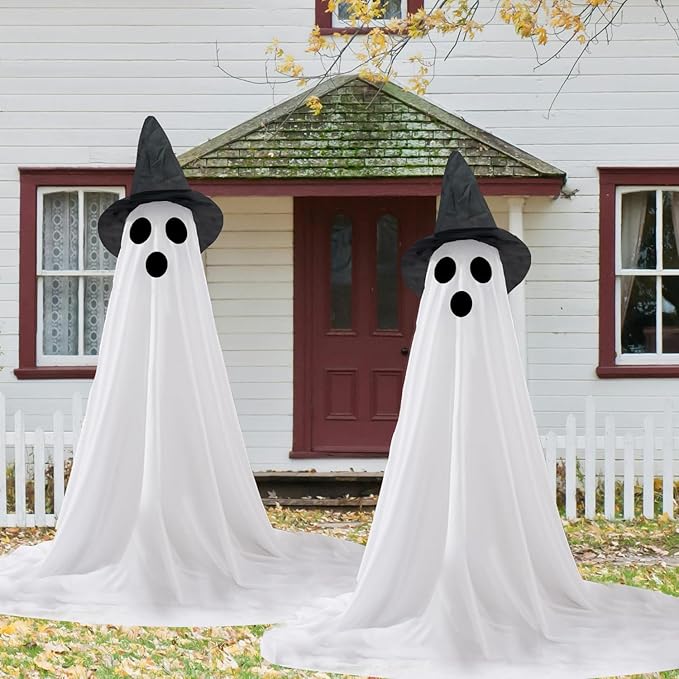 2 Packs Halloween Ghost Outdoor Decorations, 59โ Light Up Ghost Decor with Remote Control, Adjustable Height Standing Halloween Lighted Ghost Kit with Witch Hat Ideal for Porch, Garden, Yard