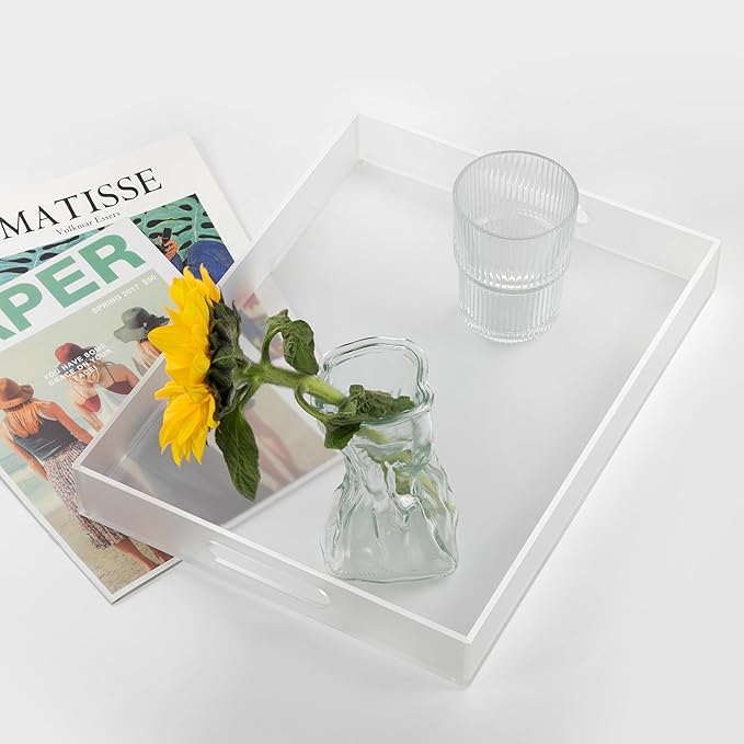 Large Acrylic Serving Tray Decorative Ottoman Coffee Table Vanity Tray Tea Fruit Platter Snack Appetizer Dessert Drink with Handles for Bar Kitchen Party, Frosted