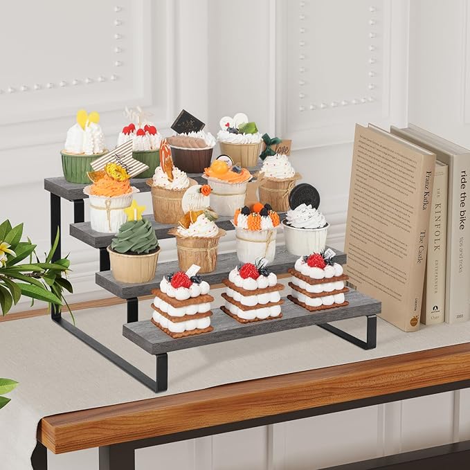 YINMIT Wooden Display Riser Stand, Tiered Perfume and Cologne Organizer Stand, 4 Tier Spice Rack Organizer, Rustic Display Shelf for Candles (4 Tier,Grey)