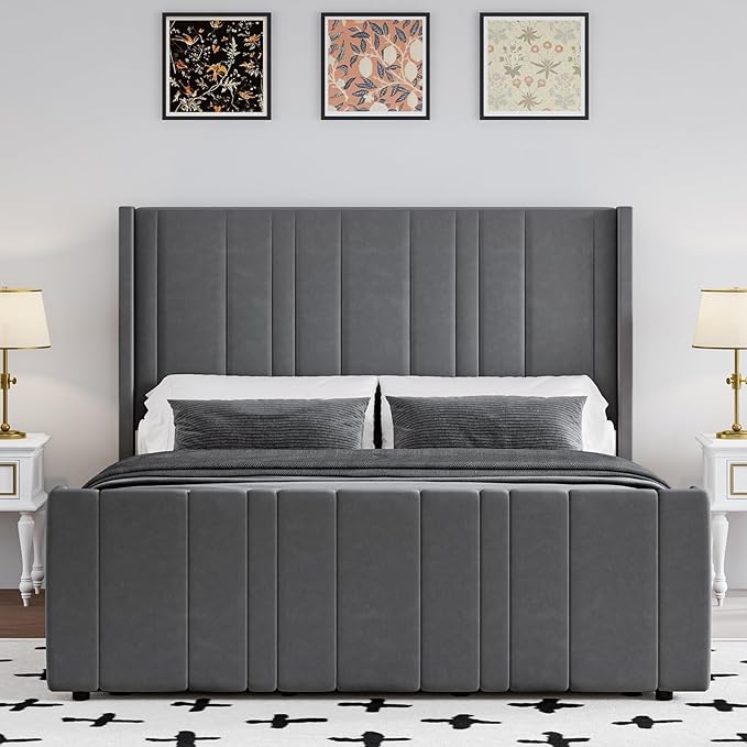 HOMBCK Queen Bed Frame Upholstered Bed with Velvet Headboard & Footboard, Vertical Channel Tufted Design/Wooden Slats/Noise Free/No Box Spring Needed/Easy Assembly, Grey