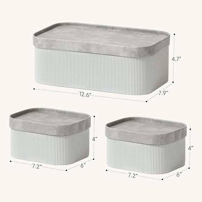 La Jolie Maison Fluted Cardboard Storage Baskets with Vegan Leather Lids, Sturdy Stackable Paper Boxes Decorative Tray, Modern Basket Organizer Bins Bathroom Bedroom Organizing, Storm Grey, Set of 3