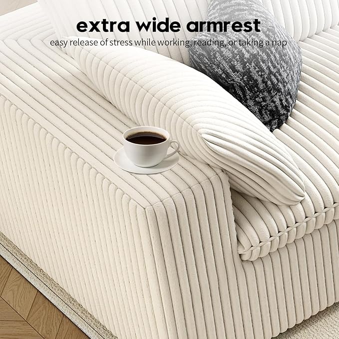 118" Cloud Couch Modular Sectional Sofa for Living Room,Modern Sofa with Deep Seat,3 Seater Boneless Couch,Comfy Upholstered Corduroy Couches for Apartment, Studio, Office,Bedroom,White