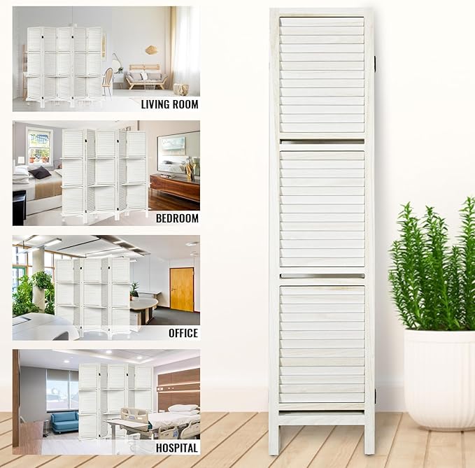 Room Divider with Shelves, Privacy Screen, Room Dividers and Folding Privacy Screens, 5 Panel Wood Temporary Wall Partition Separation Separator, White