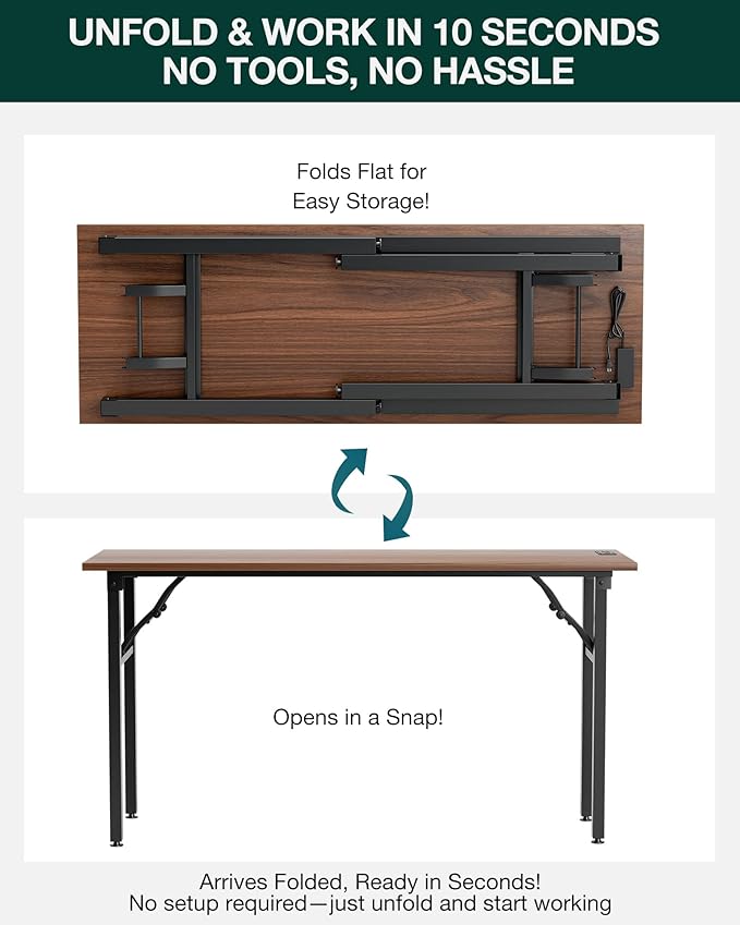 Frylr Small Folding Computer Desk β 55.1 Inch Portable Table for Craft and Study, Lightweight Desk for Small Spaces, Foldable Laptop Table Built-in AC/USB Outlets for Convenience, Dark Walnut