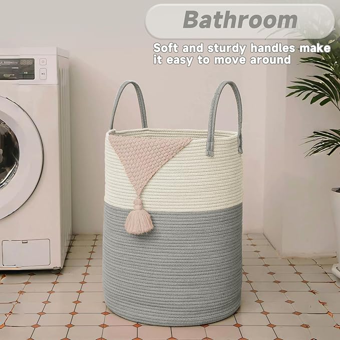 Large Woven Laundry Basket Hamper,60L Cotton Rope Storage Bin for Blankets,Toys and Clothes,Decorative Tall Nursery Hamper for Living Room,Baby Nursery,Bathroom and Bedroom,White and Grey
