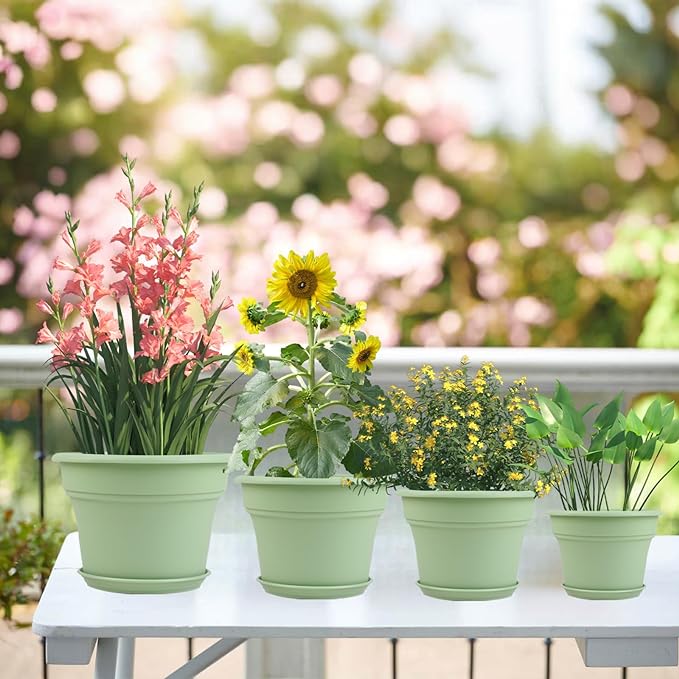 16 inch Plastic-Flower-Pot-for-Indoor-Plants, 4 Pack Large Outdoor Planter Pot with Drainage Holes & Saucers, Resin Decorative Garden Pots Planters