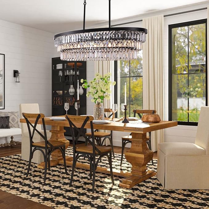 TOCHIC Chandelier 40 inch, Farmhouse Black Crystal Chandelier, Kitchen Island Lighting, Dining Room Light Fixture for High Ceiling, Modern Linear Oval Chandeliers for Living Room, Office Area, Bar