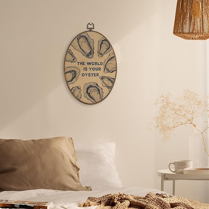 XBBMGG Vintage Oyster Wall Art Decor, Inspirational Retro Beach Oval Wall Hanging Decor, Nautical Ocean The World Is Your Oyster Framed Canvas Prints for Living Room Bathroom Decorations, 8.6 x 11.4 inch