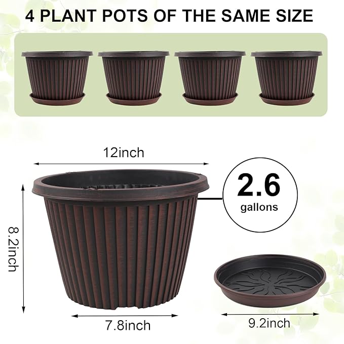 Large-Planter-Indoor-Outdoor Plant Pots, 12 inch 4 Pack Plastic Flower Pots with Saucer And Drainage Holes, Modern Garden Planters For Planting Medium Large Plants, Decorative Resin Garden Pots
