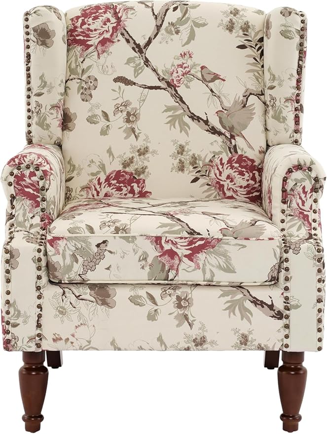 UIXE High Back Accent Chairs Set of 2, Fabric Upholstered Armchair for Living Room, Retro Printed Wingback Arm Chair Rivet Trimed Single Sofa Bedroom Reading Seat - Beige Floral