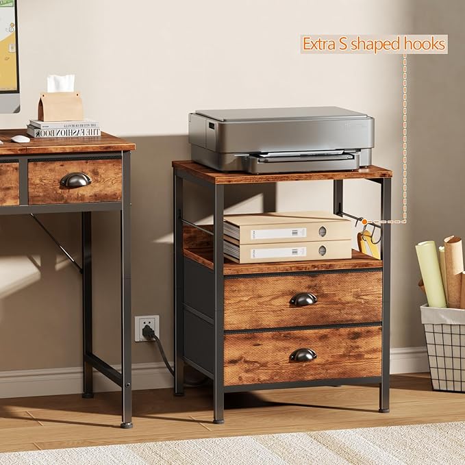 Furologee Night Stand with Charging Station, Bedside Table with Fabric Drawers, End Table with USB Ports & Outlets, Rustic Nightstand with Storage Shelf & Hooks, for Living Room/Bedroom, Rustic Brown