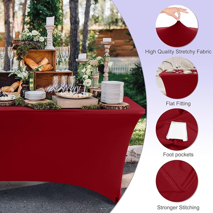 ABCCANOPY 6 FT Red Spandex Table Cover Stretch Fitted Wrinkle Resistant Tablecloth Reuse for Rectangular Folding Table Patry Event Wedding Banquet Protector