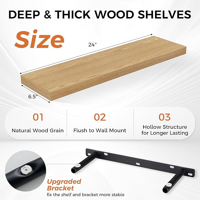 Fun Memories Floating Shelves for Wall, 24" Rustic Wood Deep Wall Mounted Shelves with Invisible Brackets for Decor & Storage, Floating Shelf for Living Room, Bathroom (Oak, Set of 2)