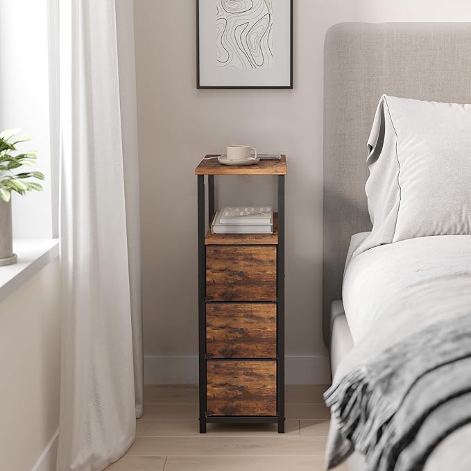 TUTOTAK Narrow Night Stand, Slim End Table, Tall Side Table with 3 Fabric Drawer, Small Bedside Table with Storage, Set of 2, for Living Room, Bedroom, Brown TB01BB072