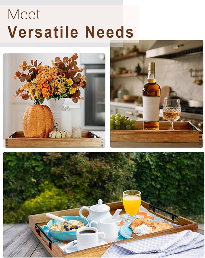 22 Inches Acacia Wood Serving Tray with Metal Handles, Large Wooden Rectangle Ottoman Tray, Decorative and Durable Design for Living Room Coffee Table Couch Kitchen