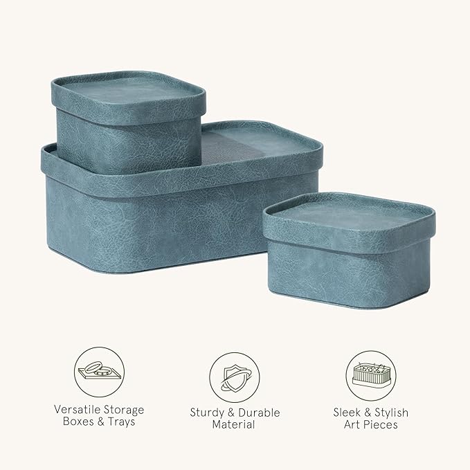 La Jolie Maison Vegan Leather Storage Boxes with Lids, Set of 3 Decorative Storage Containers Organize Stackable Storage Box, Dusty Blue