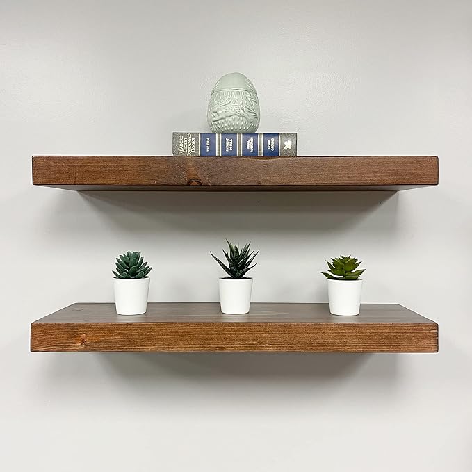 URBANDI, Rustic Floating Shelves, Set of 2, Hidden Bracket, Solid Wood, Heavy Duty, Wall Mounted Shelves, (Provincial, 48Wx10D)