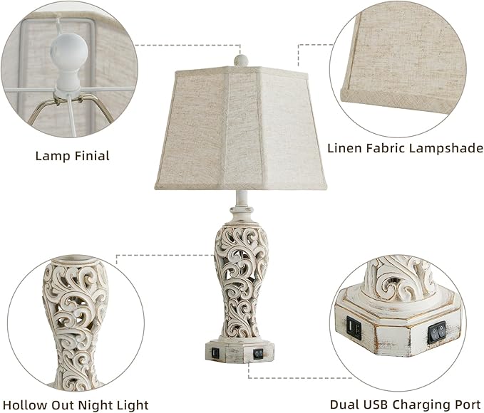 Set of 2 Rustic Table Lamps for Living Room Bedroom, Farmhouse Vintage Nightstand Lamp with 2 USB Ports, Hollow Out Resin Lamp for End Table with Nightlight, Bulbs Included (Wash White)