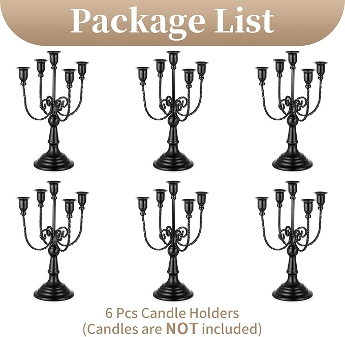 Sziqiqi Candelabra Candles Holder Centerpieces - Black Candlestick Holders Bulk for Halloween Vintage Tabletop Candelabras for Party Events Holiday, 6 Pieces