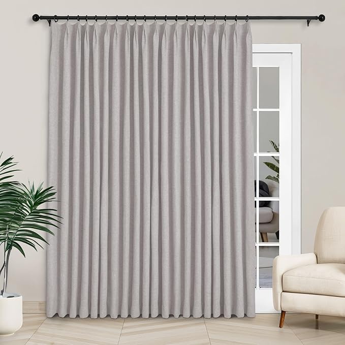 Macochico 100”Wx102”L 100% Blackout Pinch Pleated Linen Curtains for Sliding Door Bedroom Living Room Farmhouse Thermal Insulated Browish Grey Burlap Drapes with Tieback 1 Panel Shabby Chic Style